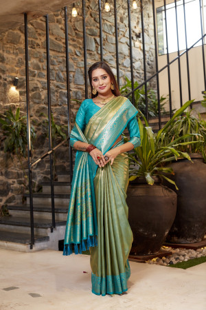 Soft flowy green color tissue silk saree with contrast woven border & blouse