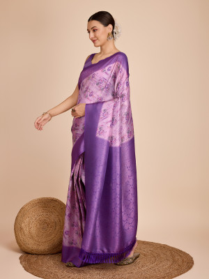 Ready to wear purple soft kanjivaram silk saree with digital floral printed work