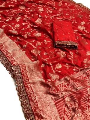 Red color viscose georgette with lace border zari design saree