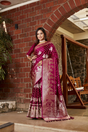 Magenta kanjivaram satin silk saree with zari weaving butta & rich designer pallu