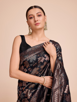Golden & copper zari weaving with black color soft silk banarasi saree