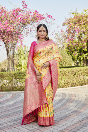 Yellow color woven design soft kanjivaram soft silk saree with contrast blouse