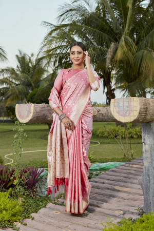 Peach kanjivaram soft satin silk saree with weaving work