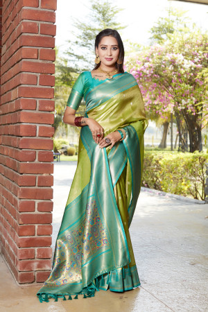 Parrot green flowy tissue kanjivaram silk saree with contrast woven design pallu & blouse