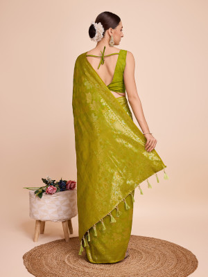 Golden & copper zari weaving with mahendi green color soft silk banarasi saree