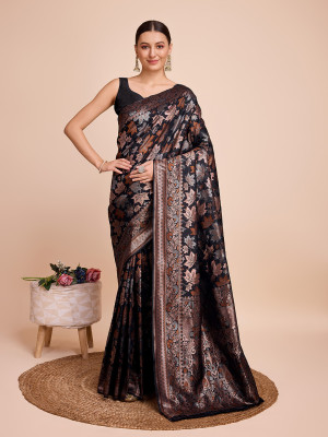 Golden & copper zari weaving with black color soft silk banarasi saree