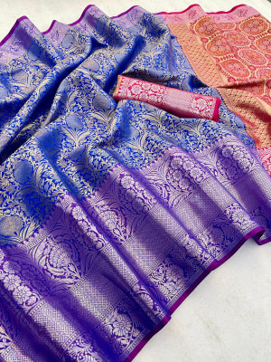 Blue color premium tissue kanjivaram silk saree with rich pallu