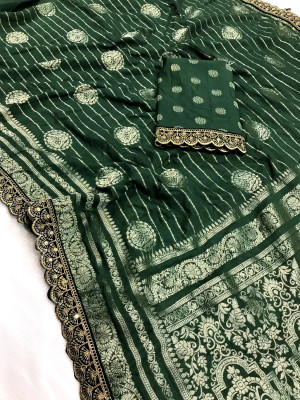 Green color viscose georgette saree with embroidery fancy lace border & zari weaving design