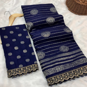 Navy blue color viscose georgette saree with embroidery fancy lace border & zari weaving design