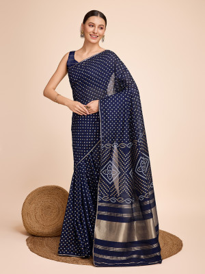 Bandhani printed with beautiful lace border navy blue cotton silk saree