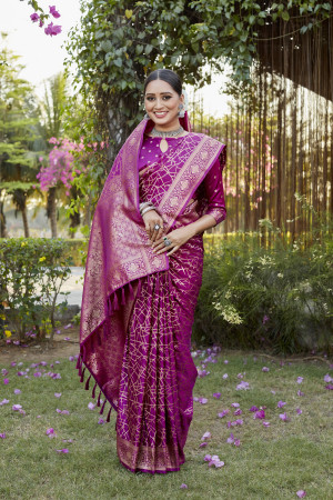 Magenta color kanjivaram soft satin silk saree with woven design