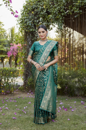Green color kanjivaram soft satin silk saree with woven design
