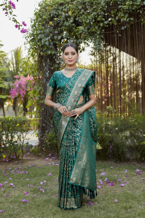 Green color kanjivaram soft satin silk saree with woven design