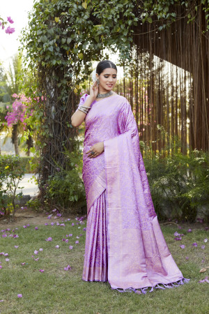 Lavender color kanjivaram soft satin silk saree with woven design
