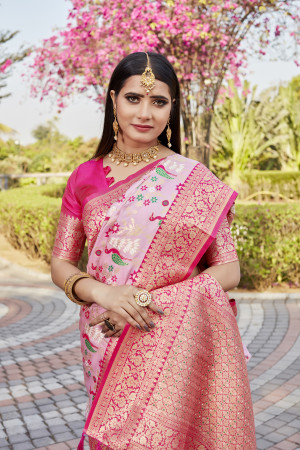 Baby pink woven design soft kanjivaram soft silk saree with contrast blouse