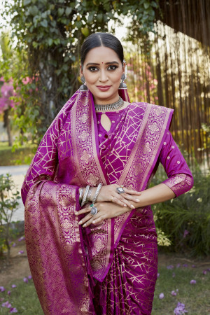 Magenta color kanjivaram soft satin silk saree with woven design