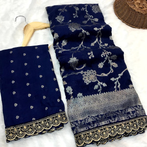 Navy blue color viscose georgette with lace border zari design saree