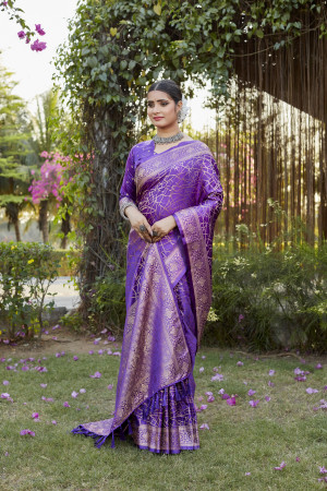 Purple color kanjivaram soft satin silk saree with woven design