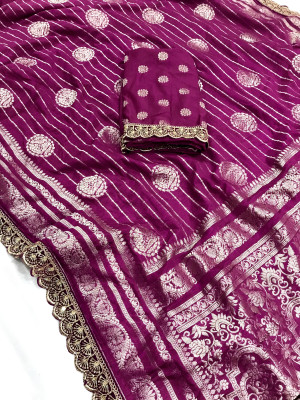 Magenta color viscose georgette saree with embroidery fancy lace border & zari weaving design