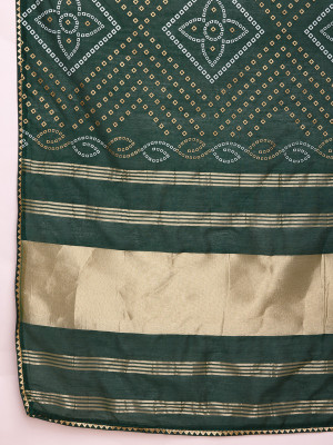 Bandhani printed with beautiful lace border green cotton silk saree
