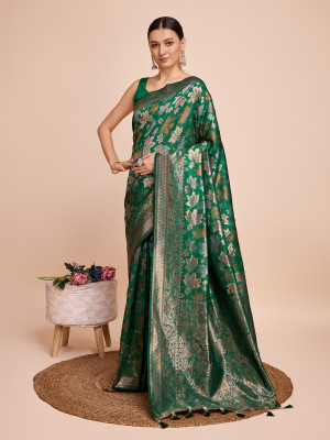 Golden & copper zari weaving with green color soft silk banarasi saree