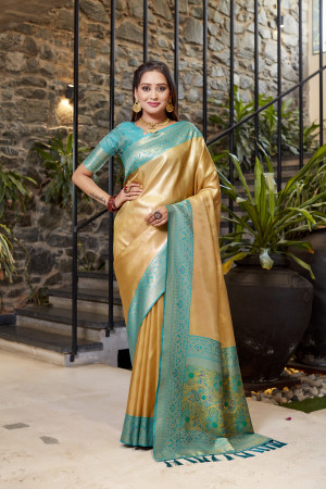 Soft flowy cream color tissue silk saree with contrast woven border & blouse
