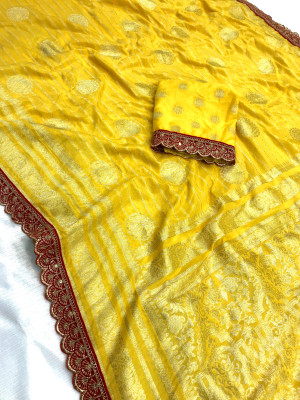 Yellow color viscose georgette saree with embroidery fancy lace border & zari weaving design