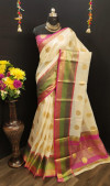 cream color Pure Linen Silk Jacquard weaving Work Saree