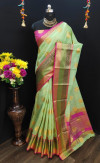 Green color pure Linen Silk Jacquard weaving Work Saree