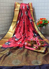 Red color  tassar silk saree with woven border