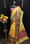 Yellow color pure Linen Silk Jacquard weaving Work Saree