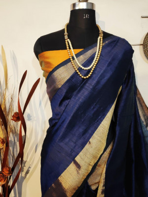 Blue color soft raw silk Zari Woven border Work Saree