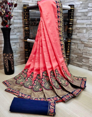 Pink color Vichitra Silk Embroidered Saree
