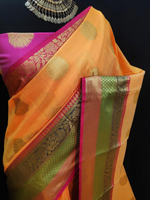Orange color pure Linen Silk Jacquard weaving Work Saree