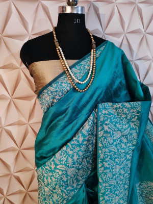 Firoji color banglori handloom Raw Silk weaving work saree