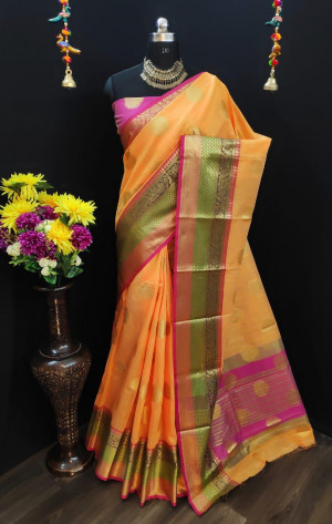 Orange color pure Linen Silk Jacquard weaving Work Saree