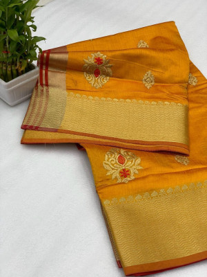 Yellow color Soft Raw silk embroidered work saree