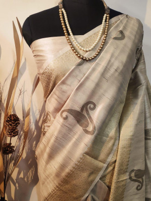 Beige color soft mulberry silk woven Work saree