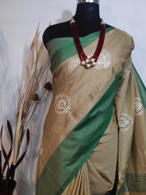 Green color Jute silk embroidered cut work Saree