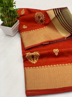 Red color Soft Raw silk embroidered work saree
