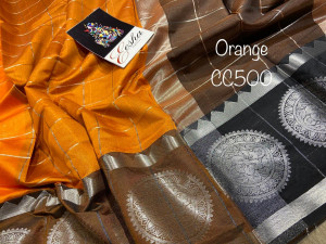 Orange color soft Cotton Silk Zari Weaving Work Saree