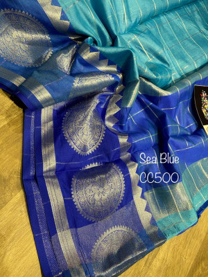 Blue color soft Cotton Silk Zari Weaving Work Saree