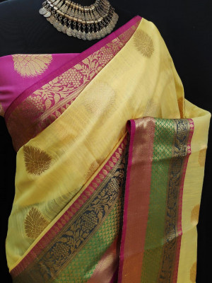 Yellow color pure Linen Silk Jacquard weaving Work Saree