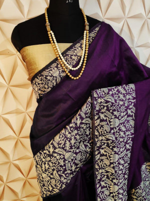 Wine color banglori handloom Raw Silk weaving work saree