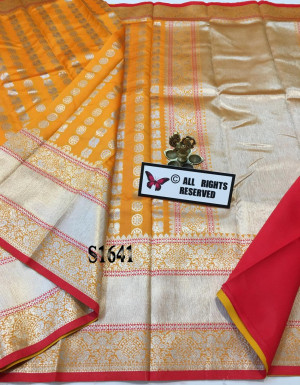 Orange color Lichi silk Zari weaving work saree