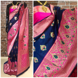 Blue color Banarasi Silk Weaving Work saree