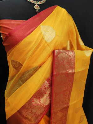 Yellow color Kota doriya jacquard weaving saree