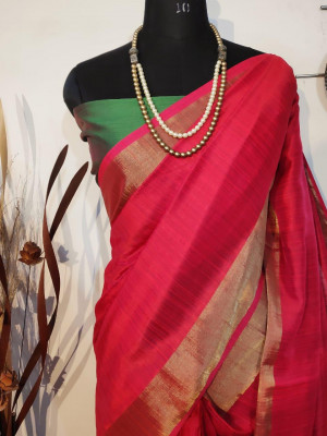Pink color soft raw silk Zari Woven border Work Saree