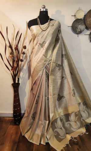 Beige color soft mulberry silk woven Work saree