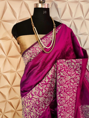 Pink color banglori handloom Raw Silk weaving work saree